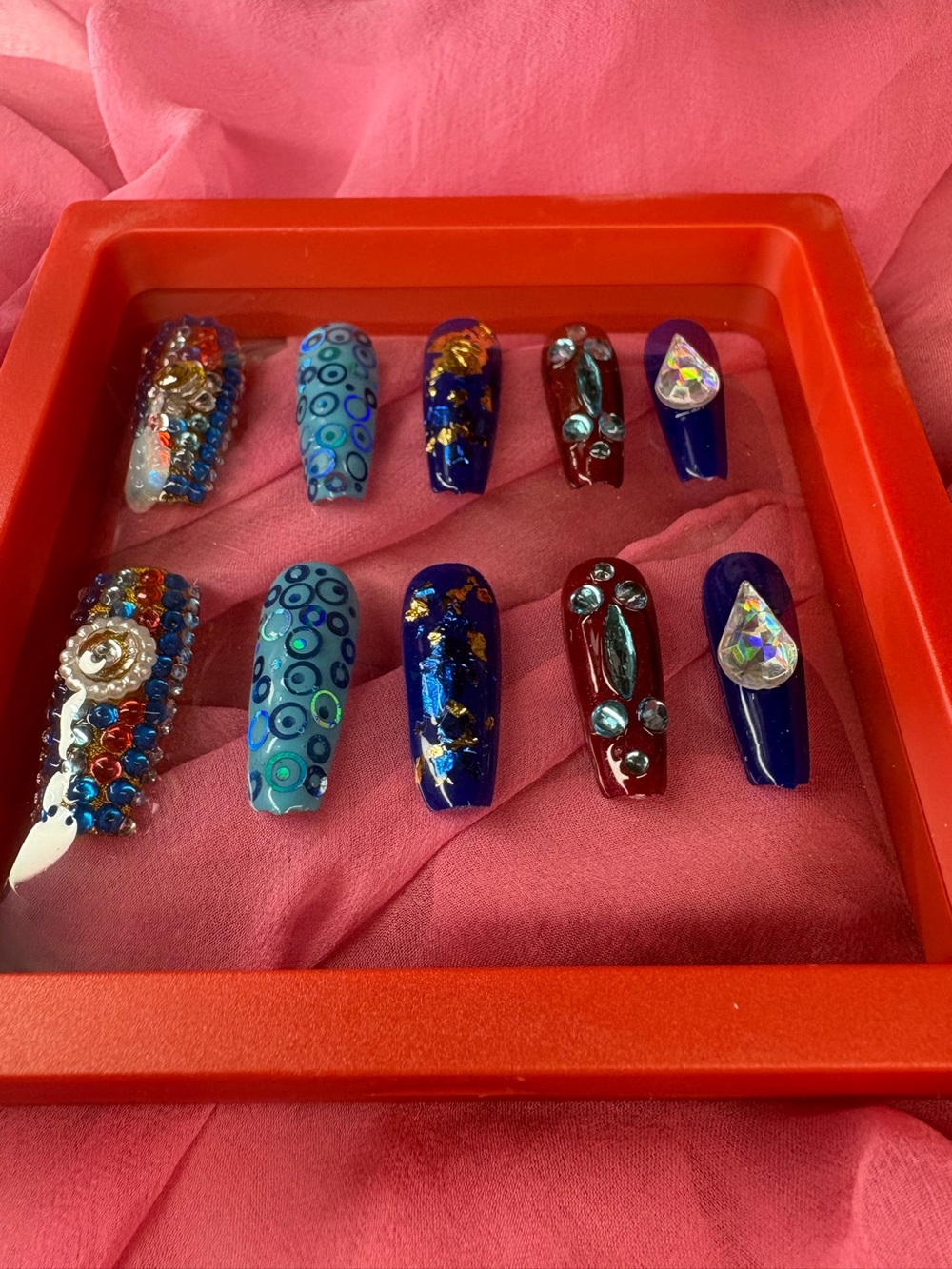 Glam Luxe Blue & Red Jeweled Press-On Nail Set
